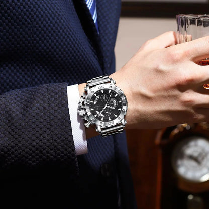 Luksusowy zegarek męski POEDAGAR, podświetlany, wodoodporny, z chronografem, datownikiem, ze stali nierdzewnej, z mechanizmem kwarcowym, Reloj