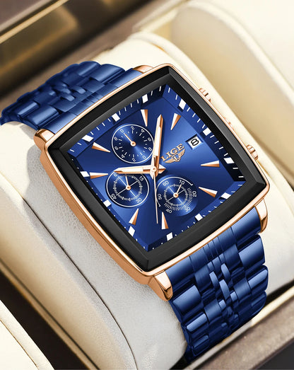 LIGE luxe herenhorloges, vierkant model, klassieke en trendy stijl, van roestvrij staal, waterdicht, sportief en casual, met quartz uurwerk.