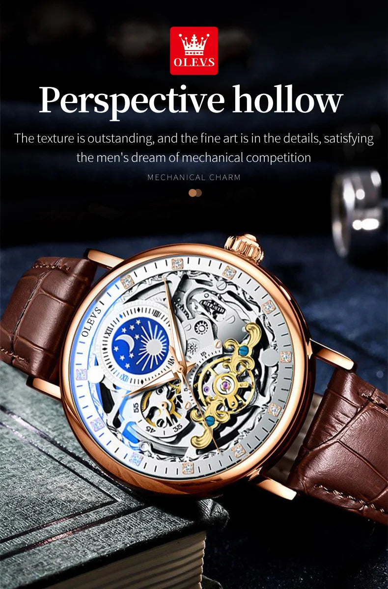 OLEVS Skeleton Watches Mechanical Automatic Watch Men Tourbillon Sport Clock Casual Business Moon Wrist Watch Relojes Hombre