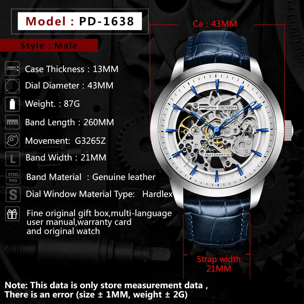 PAGANI DESIGN 2026 New Skeleton Men's Mechanical Watches Top Luxury Automatic Watch Men Blue Leather Waterproof Wrist watch Men