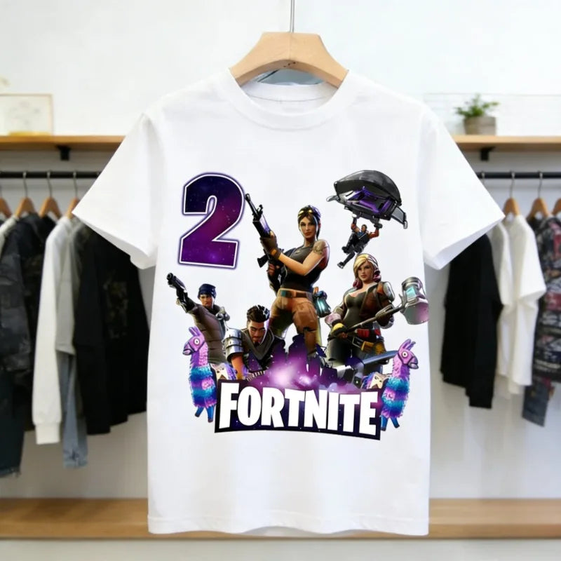 Dziecięca koszulka urodzinowa Fortnites z numerem dla dziewczynek i chłopców, letnia bawełniana koszulka dla niemowląt, imprezowy top z krótkim rękawem, prezent dla malucha