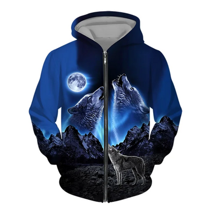 3D Wolf Print Men's Zipper Hoodies Fashion Animal Pattern Top Coat Street Punk Style Oversized Sweatshirts Outdoor Leisure Jackets