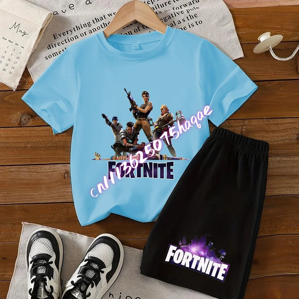 Summer T-shirts 2 pieces Fortnite children's cotton short-sleeved set with cartoon prints, boys' sports shirt, casual top, gift