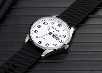 BERNY Men's Watches Luminous Calendar Week Quartz Men Watch Casual Soft Silicone Strap Easy Read Big Dial Sports Wristwatch