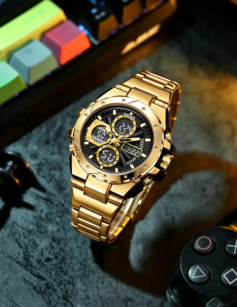Montre pour homme SMAEL 8160 – Modèle sport militaire, analogique et numérique, en acier inoxydable – Étanche, avec affichage LED, alarme, chronographe et chronomètre