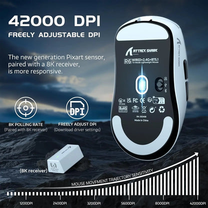 Attack Shark R6 lengva belaidė žaidimų pelė, kompiuterio pelė su PAW 3950Max jutikliu ir Nordic 52480, 8KHz apklausos dažnis