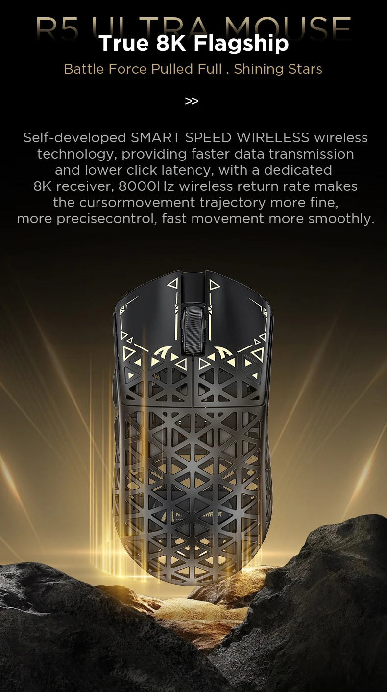 ATTACK SHARK R5 Ultra Carbon Fiber trådløs gamingmus, PixArt PAW3950MAX gamingsensor, 42000DPI, 8000Hz, MCU Nordic 52840
