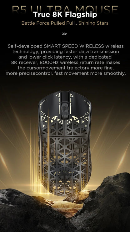 Mouse de gaming wireless ATTACK SHARK R5 Ultra Carbon Fiber, senzor de gaming PixArt PAW3950MAX, 42000DPI, 8000Hz, MCU Nordic 52840