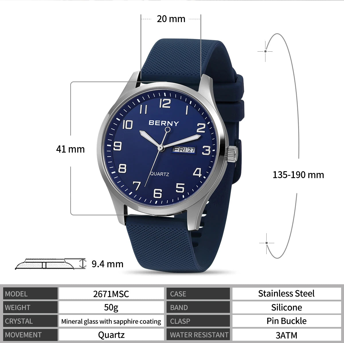 BERNY Men's Watches Luminous Calendar Week Quartz Men Watch Casual Soft Silicone Strap Easy Read Big Dial Sports Wristwatch