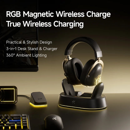 Auriculares gaming inalámbricos MCHOSE V9 Turbo con sonido envolvente 7.1, RGB, auriculares esports con drivers de 60mm, micrófono con cancelación de ruido y base de carga