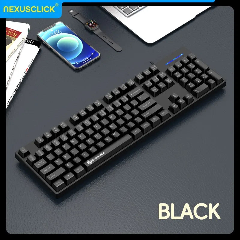 Conjunto Teclado e Rato Sem Fios NexusClick para Gaming e Escritório, Poupança de Energia Inteligente, Tamanho Completo, 104 Teclas, 1600DPI Ajustável, USB para Portátil e PC