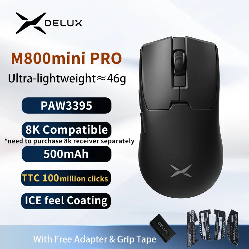 Безжична геймърска мишка Delux M800mini, ултралека 46g, PAW3395/PAW3311, 1KHz честота на опресняване, за PC геймъри с малка до средна ръка