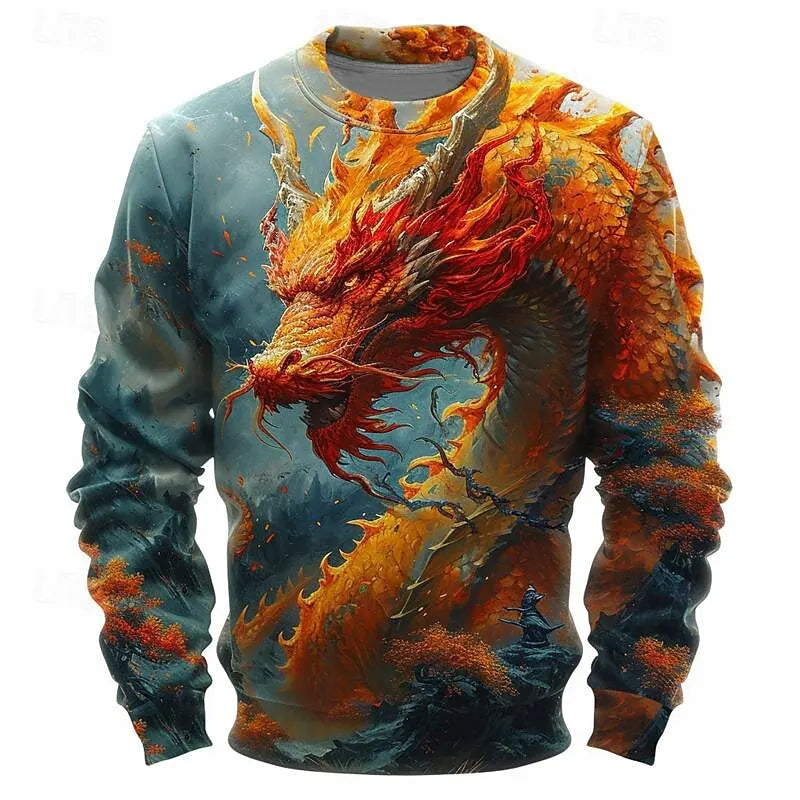 Sudadera para hombre con gráfico de dragón de moda y estampado 3D, elemento cultural tradicional, estilo vintage, pulóver elegante de cuello redondo para otoño, corte holgado