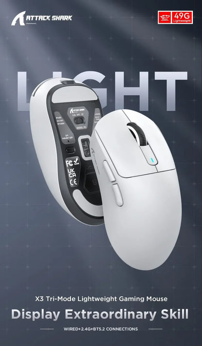 ATTACK SHARK X3 Ultra-Light Wireless Mouse - Tri-Mode 2.4G/BT/Wired, PAW3395 26000DPI, 55g, Macro, for Gaming/Xbox/PS/PC/Mac