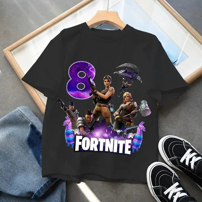 Dziecięca koszulka urodzinowa Fortnites z numerem dla dziewczynek i chłopców, letnia bawełniana koszulka dla niemowląt, imprezowy top z krótkim rękawem, prezent dla malucha