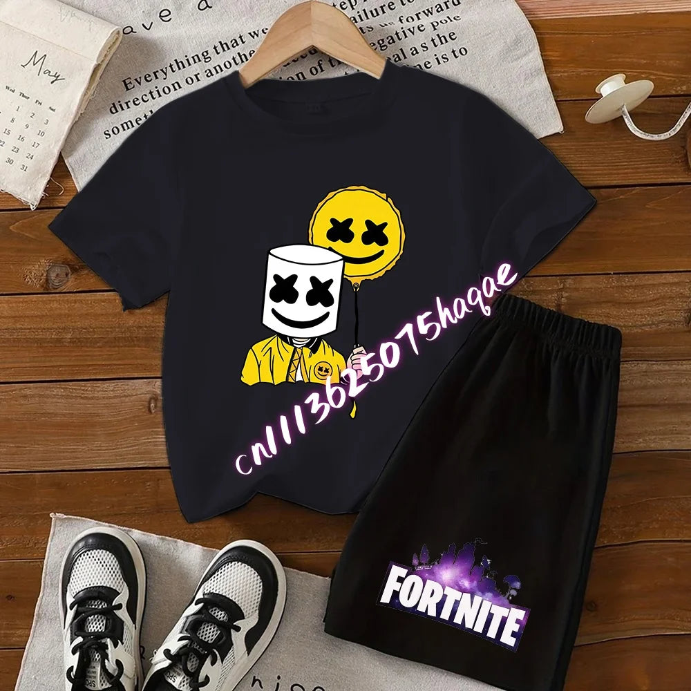 Summer FortnitesT-shirt Shorts for Boys Girl Tee Pants Set 2pcs Children Clothing Tops T-shirts Fortress Night Print Tees Gift