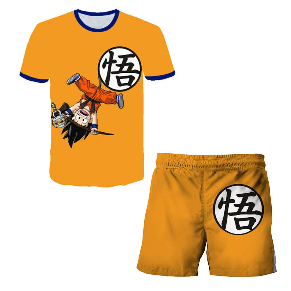 Japanisches Cartoon-Dragon-Ball-Z-T-Shirt, Kinder-Oberteil, T-Shirt- und Shorts-Zweiteiler für den Sommer, Jungen-T-Shirt + Shorts, Strandshorts
