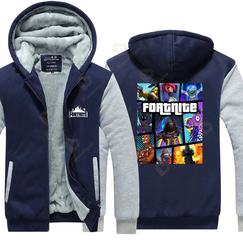 Hanorace luminescente „Winter Warm Fortnite” pentru bărbați și femei, hanorace de joc și cosplay, din fleece gros, cu fermoar, jachete și paltoane pentru cupluri