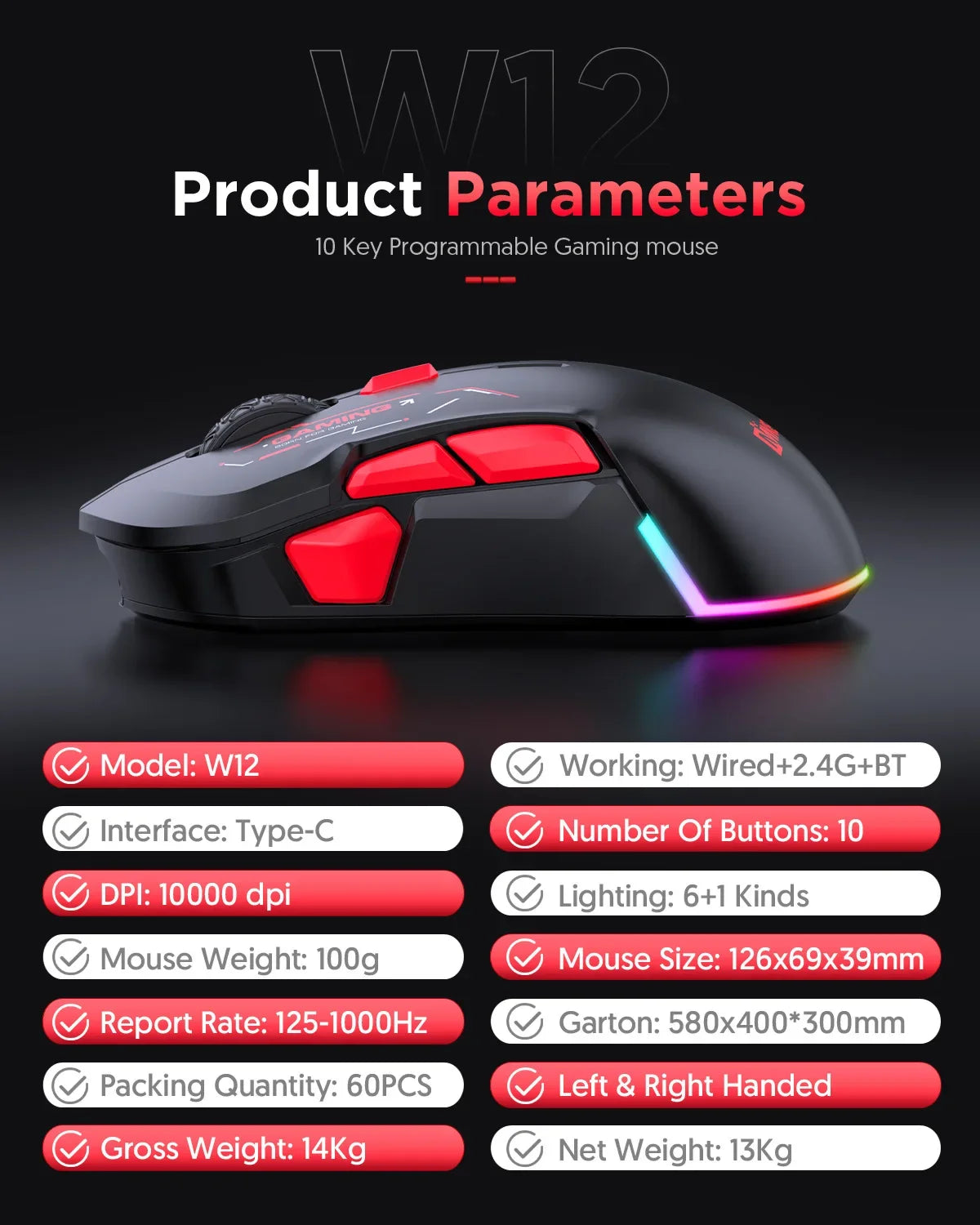 MKESPN W12 10-Tasten-Makro-Gaming-Maus, beidhändig, kabellos, Bluetooth, Mehrkanal, Tri-Mode, großes RGB, ergonomisch, beidhändig