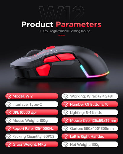 MKESPN W12 10-Tasten-Makro-Gaming-Maus, beidhändig, kabellos, Bluetooth, Mehrkanal, Tri-Mode, großes RGB, ergonomisch, beidhändig