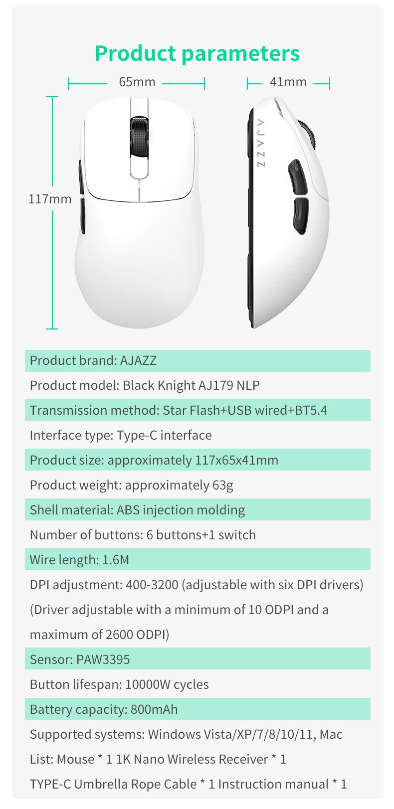 Mouse wireless AJAZZ AJ179 NL Star Flash Version, 3 modalità, bassa latenza, lunga autonomia, leggero e personalizzato, per ufficio e gaming