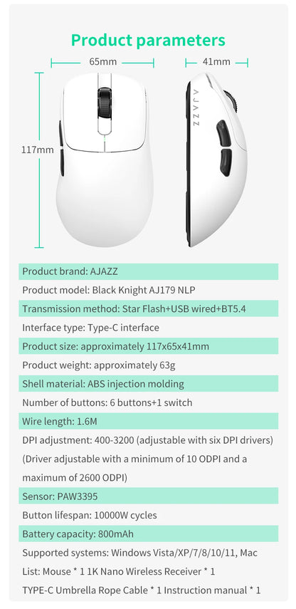 Mouse wireless AJAZZ AJ179 NL Star Flash Version, 3 modalità, bassa latenza, lunga autonomia, leggero e personalizzato, per ufficio e gaming