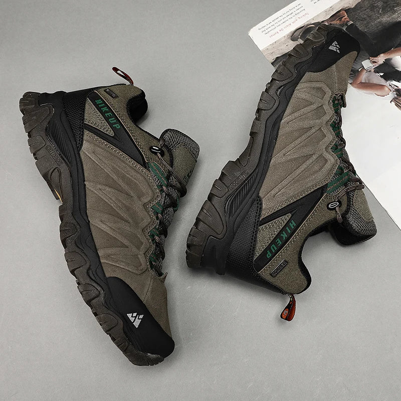 HIKEUP High-Quality Leather Hiking Shoes, Durable Outdoor Sport Men Trekking Leather Shoes, Lace-Up Climbing Hunting Sneakers