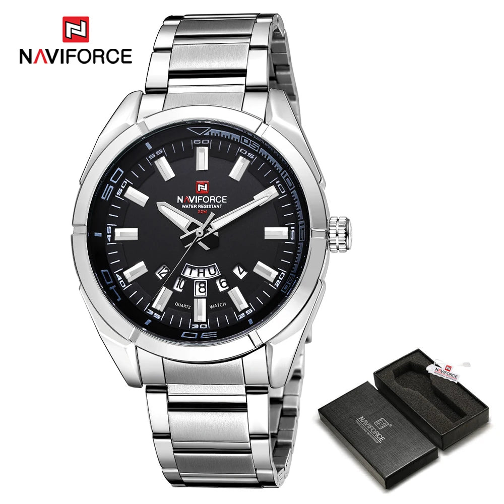 Relógio de pulso para homem NAVIFORCE, inteiramente em aço, estanque, estilo descontraído, movimento de quartzo com indicação da data – Relógio de pulso de luxo para homem, de uma marca de renome.