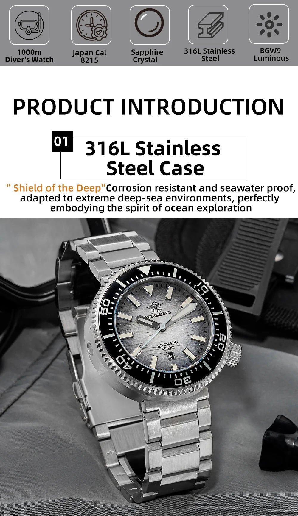 ADDIESDIVE new men's watch sapphire gradient dial BGW9 luminous Japanese 8215 mechanical watch 1000m waterproof watch AD2545