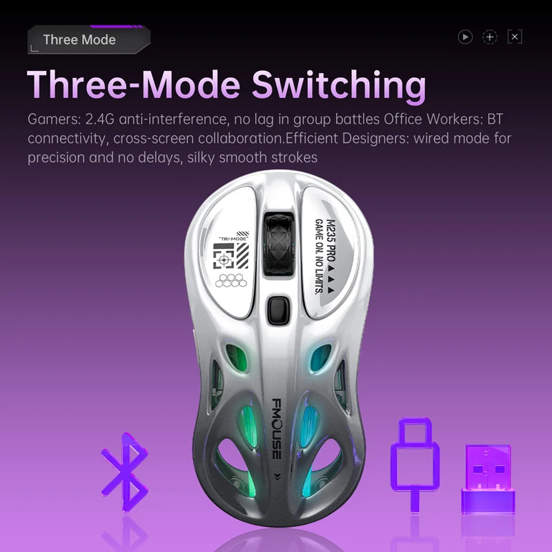 Bežični 2.4G trostruki RGB gaming miš, lagani perforirani dizajn s Chroma osvjetljenjem, žični Bluetooth e-sports miš kontroler