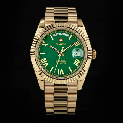 Sugess Watch Mens 40mm Date Day Automatic Dandong Peacock SL3034 Movement Retro Mechanical Wristwatch Sapphire Glass Golden New