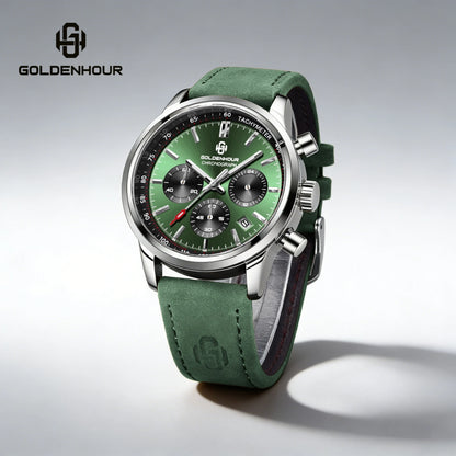 Luxusní pánské hodinky GOLDENHOUR – křemenný chronograf, zelený ciferník, kožený řemínek, vodotěsné, luminiscenční, vojenský a sportovní styl
