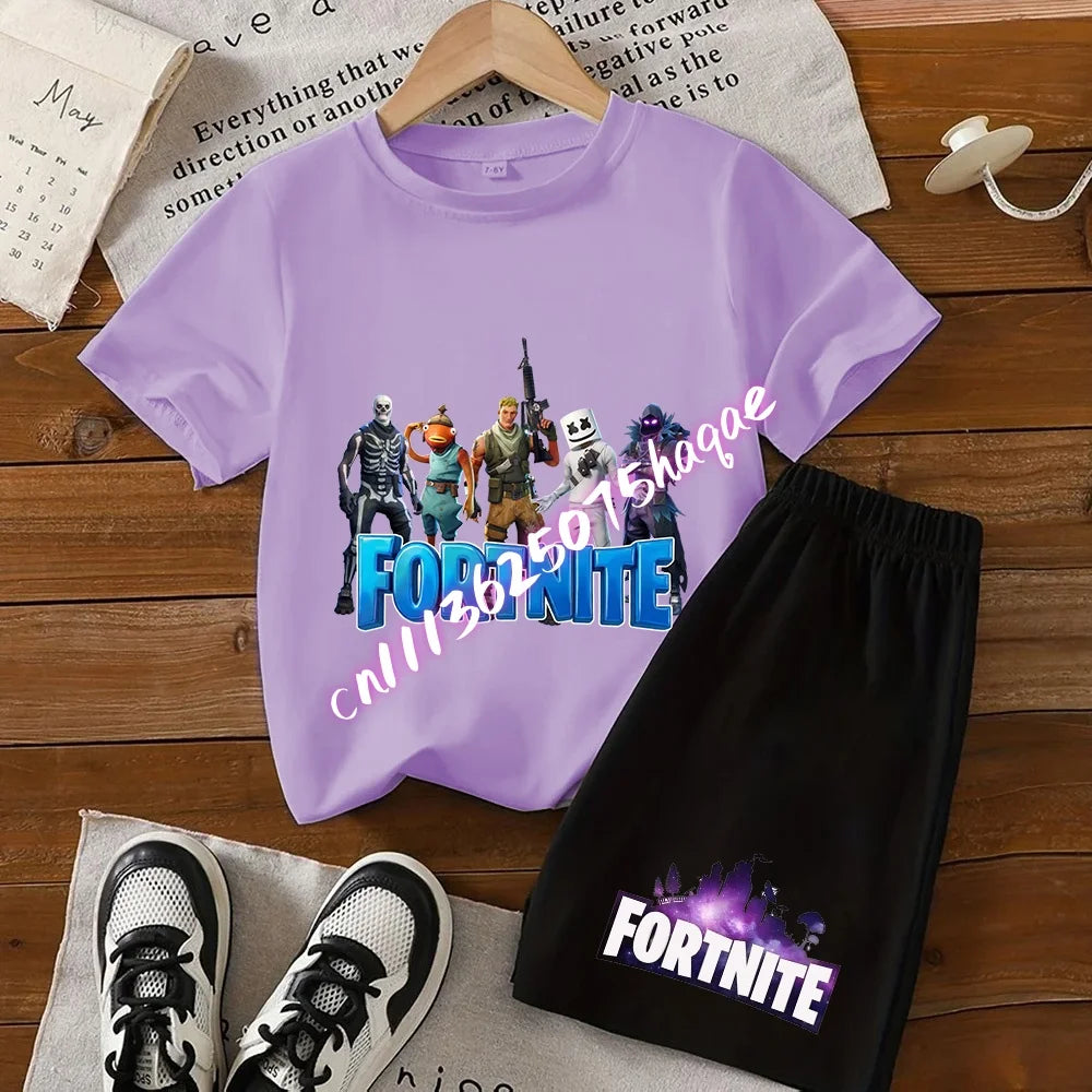 Summer T-shirts 2 pieces Fortnite children's cotton short-sleeved set with cartoon prints, boys' sports shirt, casual top, gift