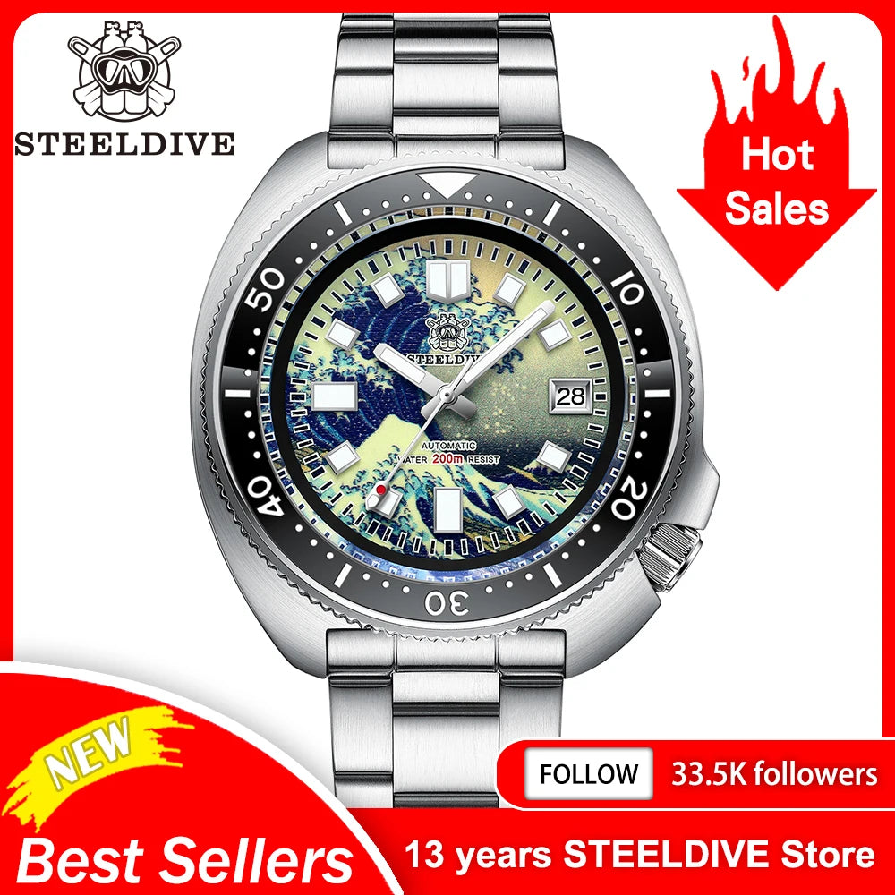 STEELDIVE SD1970J Kanagawa Turtle Full Luminous Dial Ceramic Bezel NH35 AutomaticSTEELDIVE Offical Store Mens Dive Watch