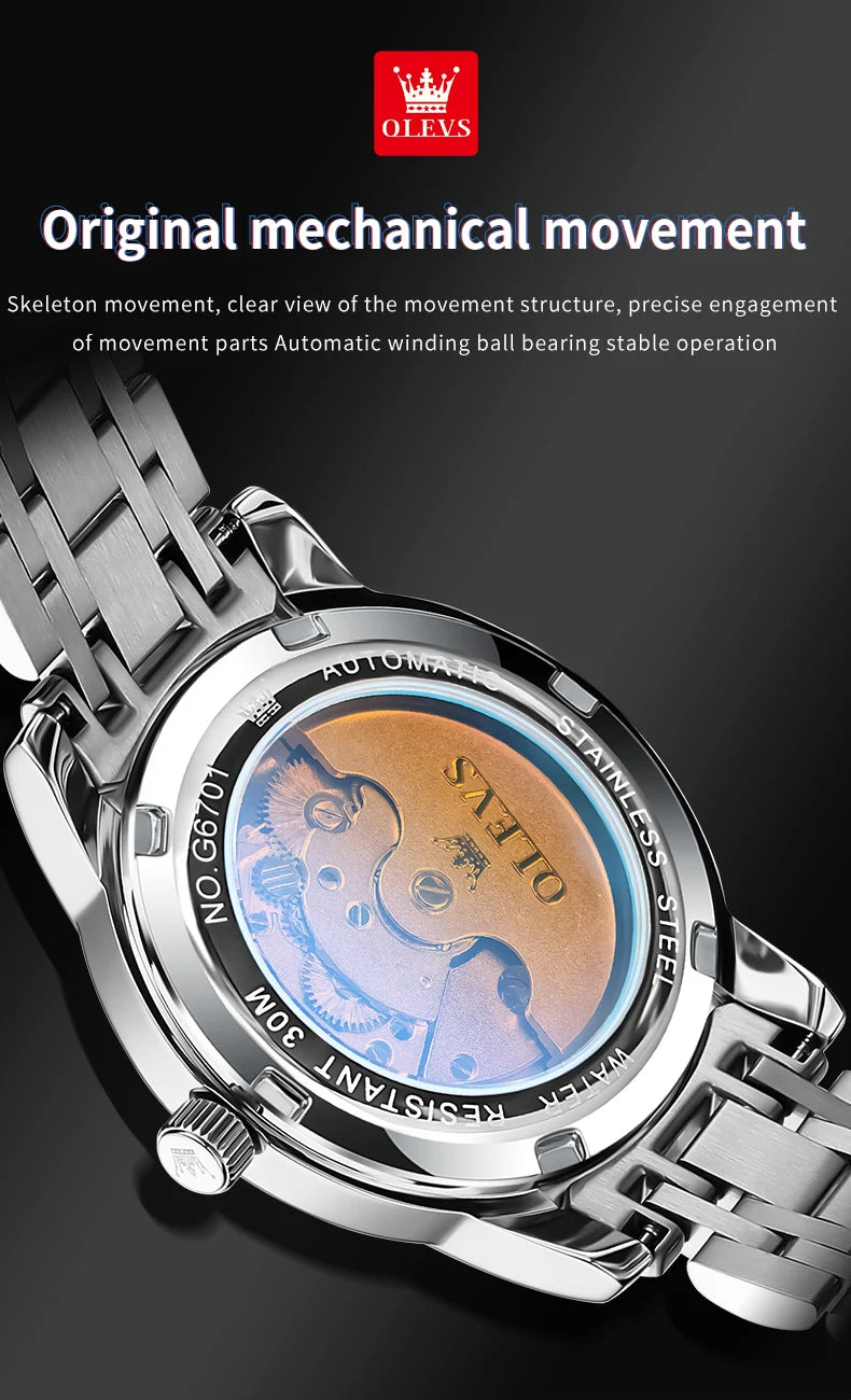 OLEVS 6701 Men's Watch Luxury Waterproof Auto Date Mechanical Watch For Men Hollow Skeleton Diamond Wristwatch Luminous Clock