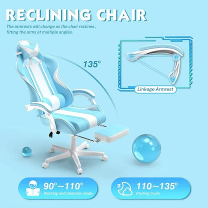 Kawaii Light Blue Gaming Chair with Bunny Ears, Ergonomic Cute Gamer Chair with Footrest, Massage Function, Reclining Racing Style Computer Chair