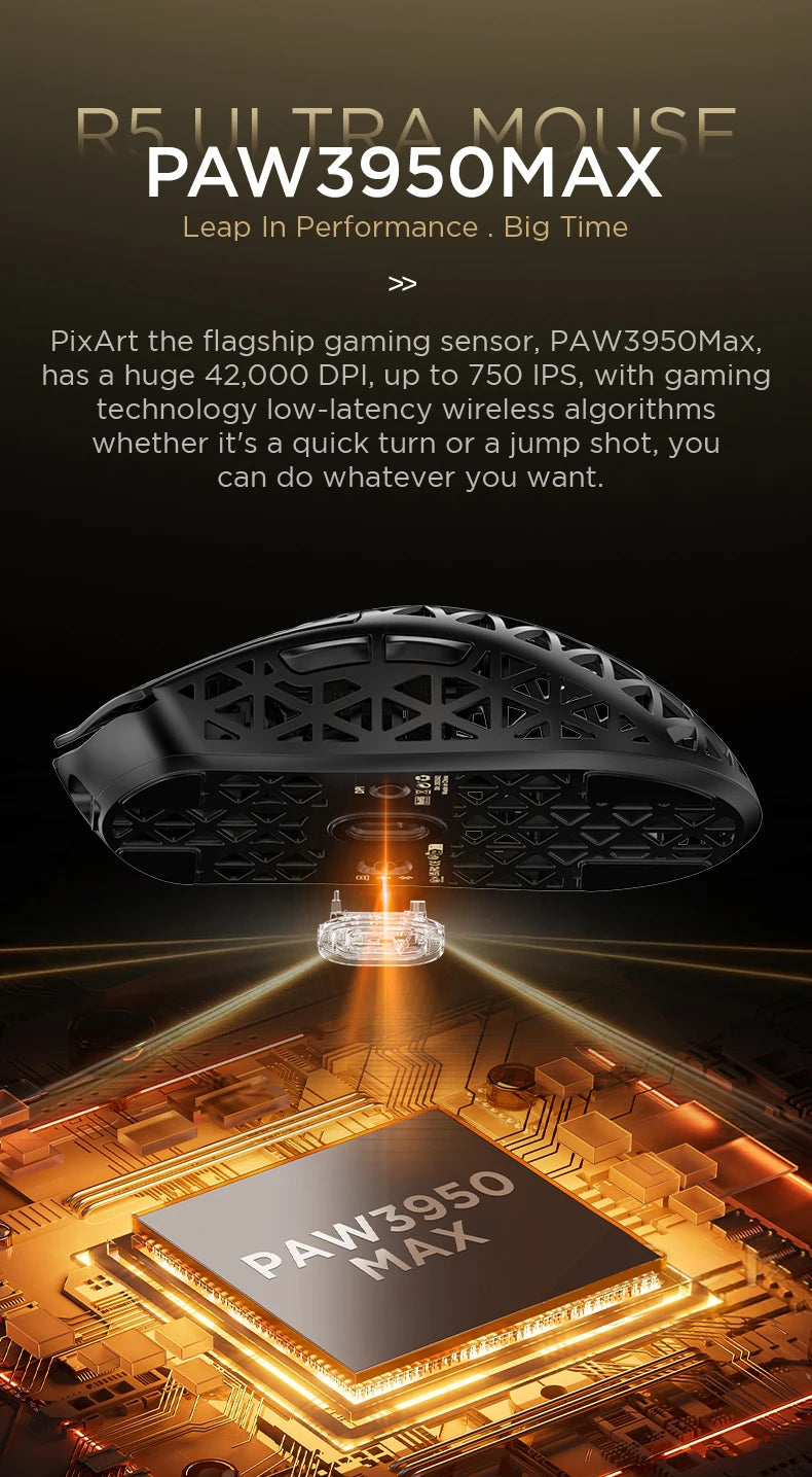 Mouse de gaming wireless ATTACK SHARK R5 Ultra Carbon Fiber, senzor de gaming PixArt PAW3950MAX, 42000DPI, 8000Hz, MCU Nordic 52840