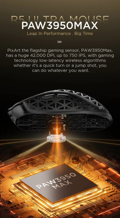 Mouse de gaming wireless ATTACK SHARK R5 Ultra Carbon Fiber, senzor de gaming PixArt PAW3950MAX, 42000DPI, 8000Hz, MCU Nordic 52840