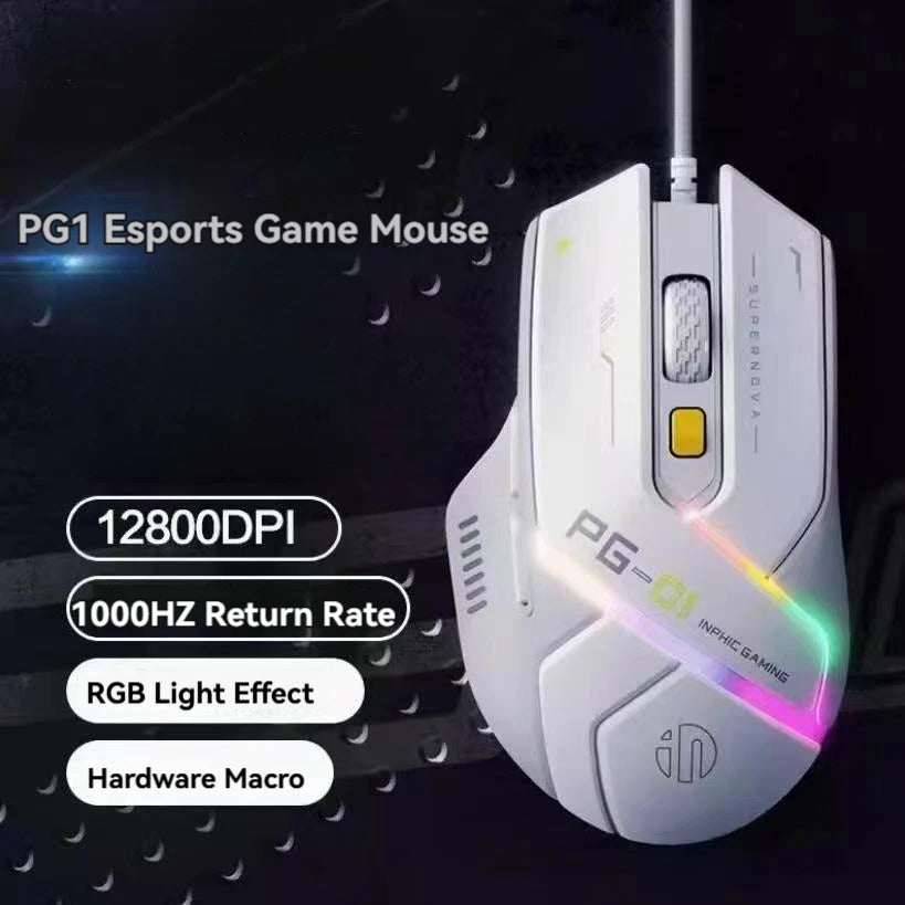 Ratón gaming con cable Inphic Pg1, iluminación RGB, programación de macros, 12800DPI, 6 botones, ratón para ordenador, tasa de sondeo de 1000hz