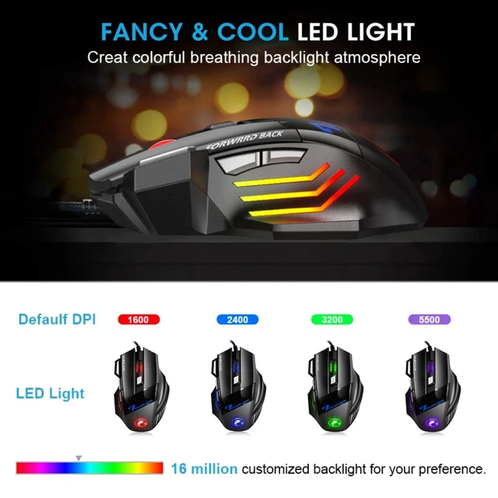 Mouse da gaming cablato per gamer, mouse per computer ergonomico con retroilluminazione RGB silenziosa, LED, 7 pulsanti, USB, per PC desktop