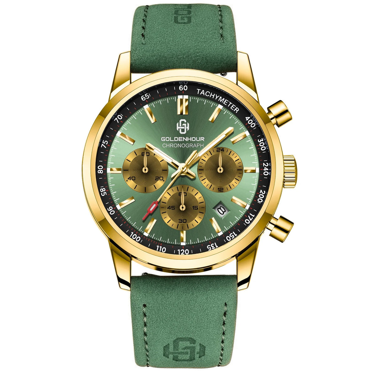 Luxusní pánské hodinky GOLDENHOUR – křemenný chronograf, zelený ciferník, kožený řemínek, vodotěsné, luminiscenční, vojenský a sportovní styl