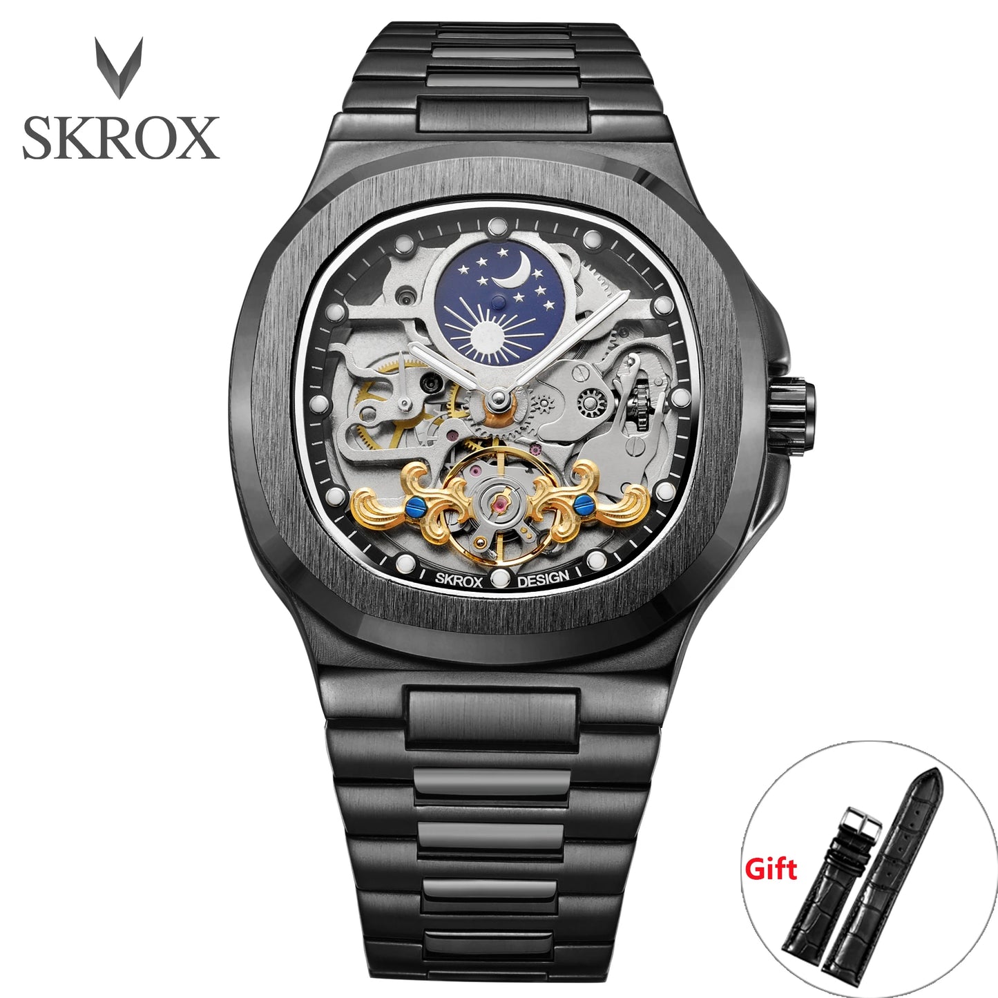 2026 High-end Luxury SKROX Square Man Watch Sapphire Stainless Steel Skeleton Moon Phase Classic Automatic Movement Male Watches