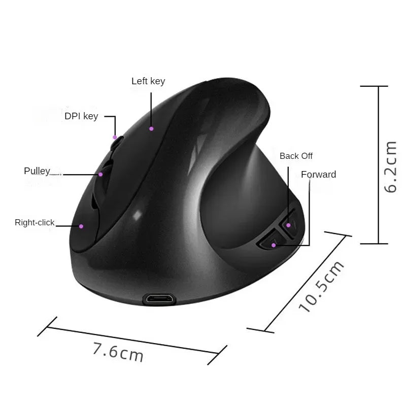 BTS-908 Najbolje prodajana polnilna navpična ergonomska brezžična miška z 2.4G USB sprejemnikom, nastavljivo ločljivostjo 1600 DPI in 6 gumbi