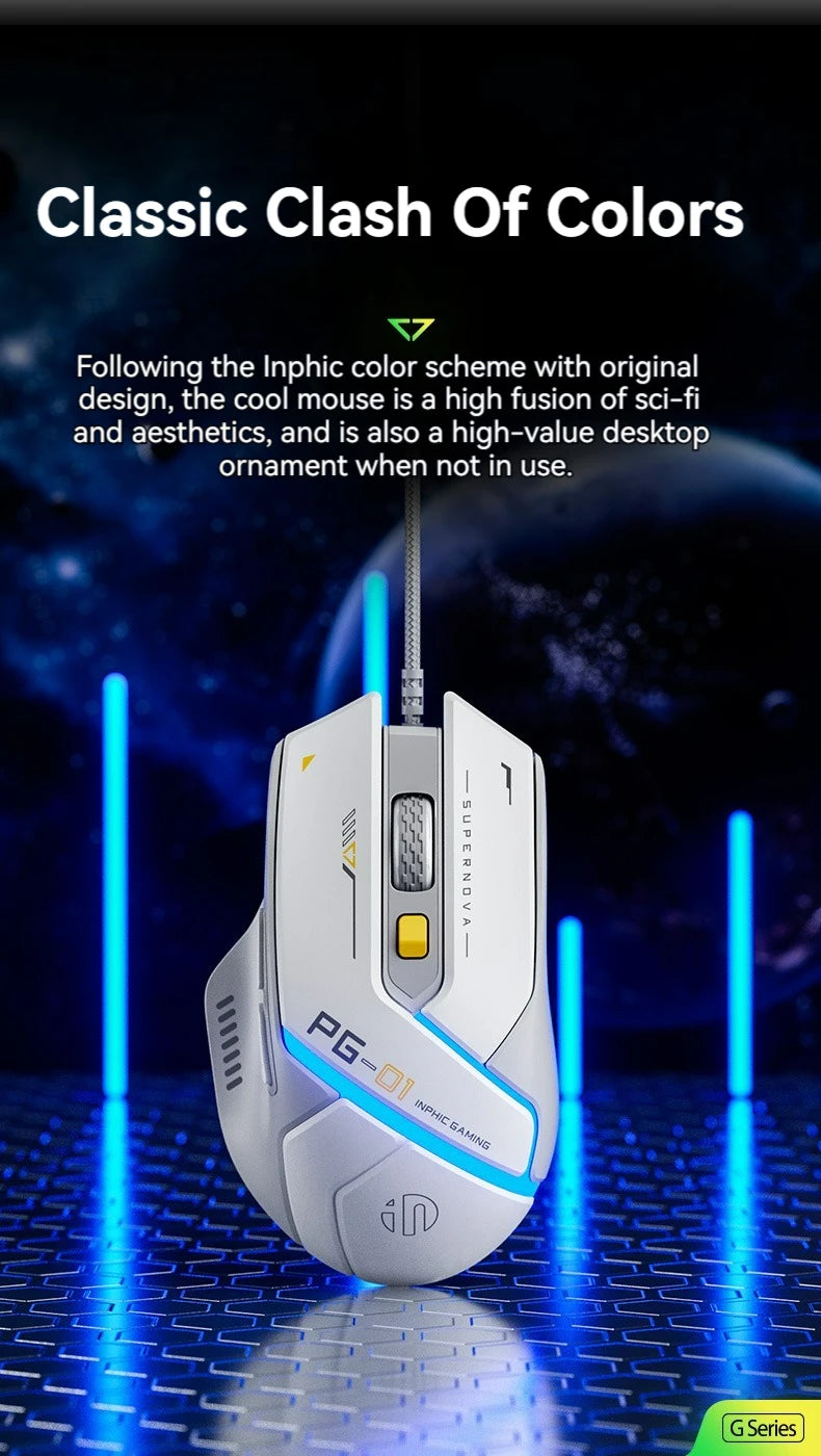 Ratón gaming con cable Inphic Pg1, iluminación RGB, programación de macros, 12800DPI, 6 botones, ratón para ordenador, tasa de sondeo de 1000hz