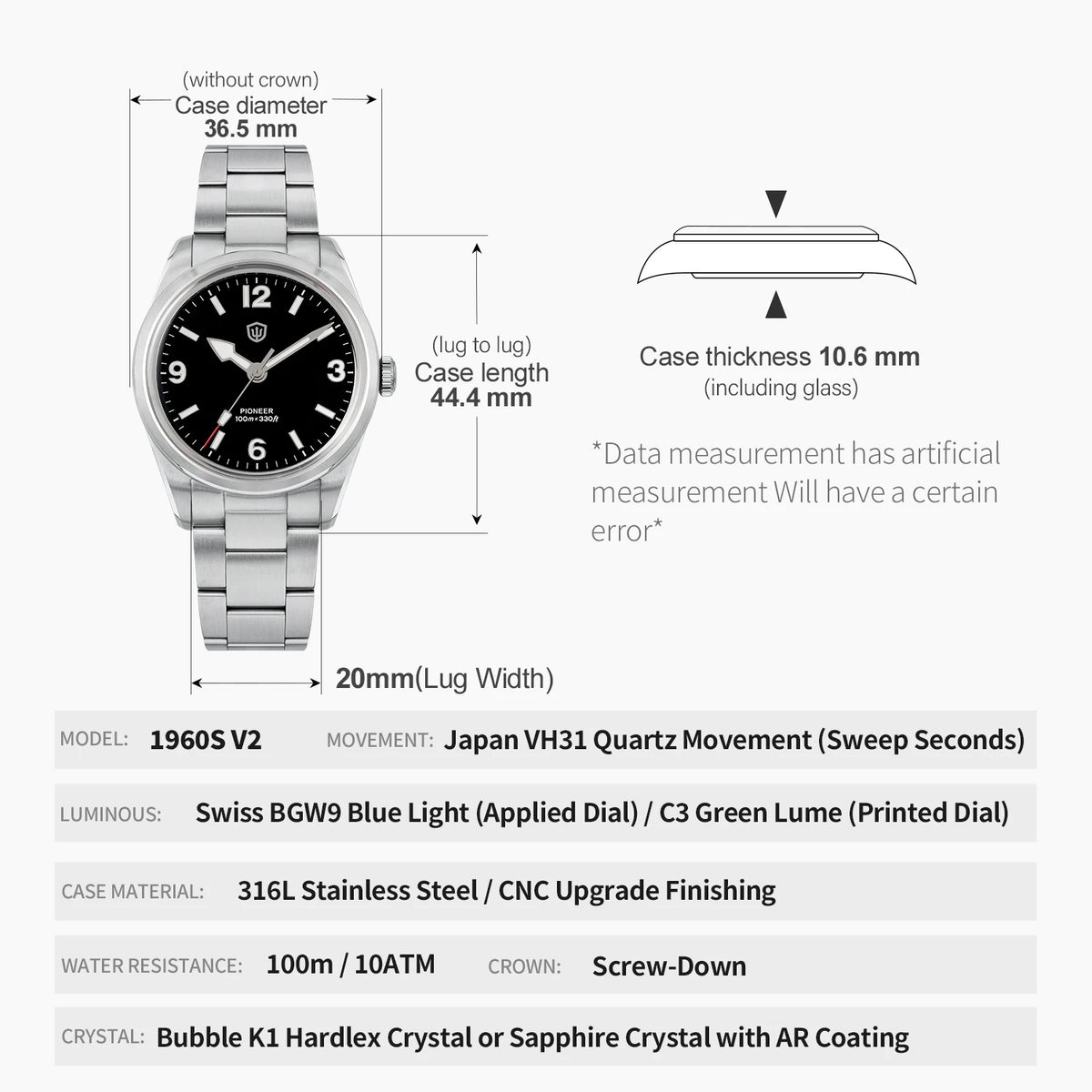 Watchdives WD1960S V2 36.5mm Men’s Quartz Watch VH31 Sweep-Seconds Movement  Sapphire Crystal BGW9/C3 Luminous  Watch for Men
