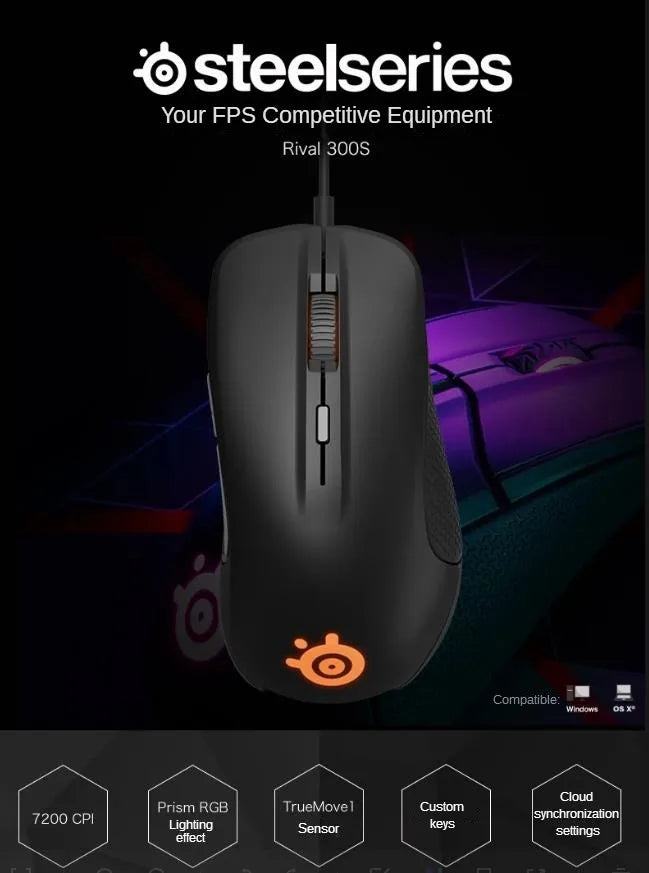 Original SteelSeries Rival300S Gaming Mouse Wired 6 Buttons RGB Lighting TrueMove Optical Sensor Mouse Gamer USB Mice 7200 CPI