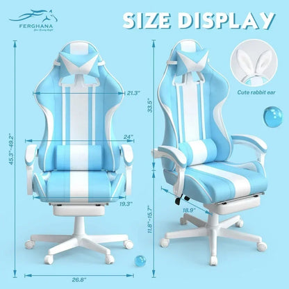 Kawaii Light Blue Gaming Chair with Bunny Ears, Ergonomic Cute Gamer Chair with Footrest, Massage Function, Reclining Racing Style Computer Chair