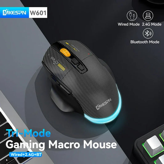 Ratón gaming trimodo 12800DPI 2.4G inalámbrico, Bluetooth y con cable, botones silenciosos, programación de macros, fibra de carbono, 500mAh, 7 teclas
