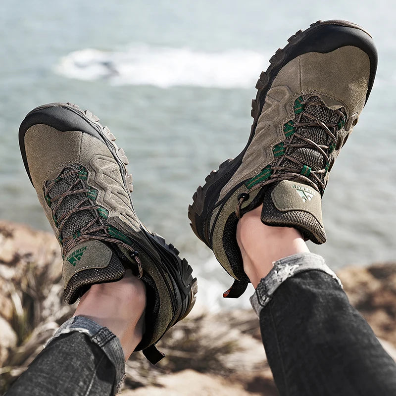 HIKEUP High-Quality Leather Hiking Shoes, Durable Outdoor Sport Men Trekking Leather Shoes, Lace-Up Climbing Hunting Sneakers