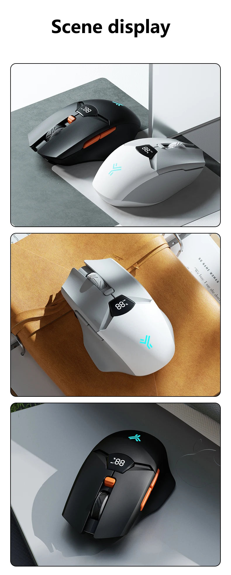 Warvank SX01 trådlös gamingmus med smart skärm, DPI-justering i 6 steg, 600mAh uppladdningsbar tyst Bluetooth-mus för kontor